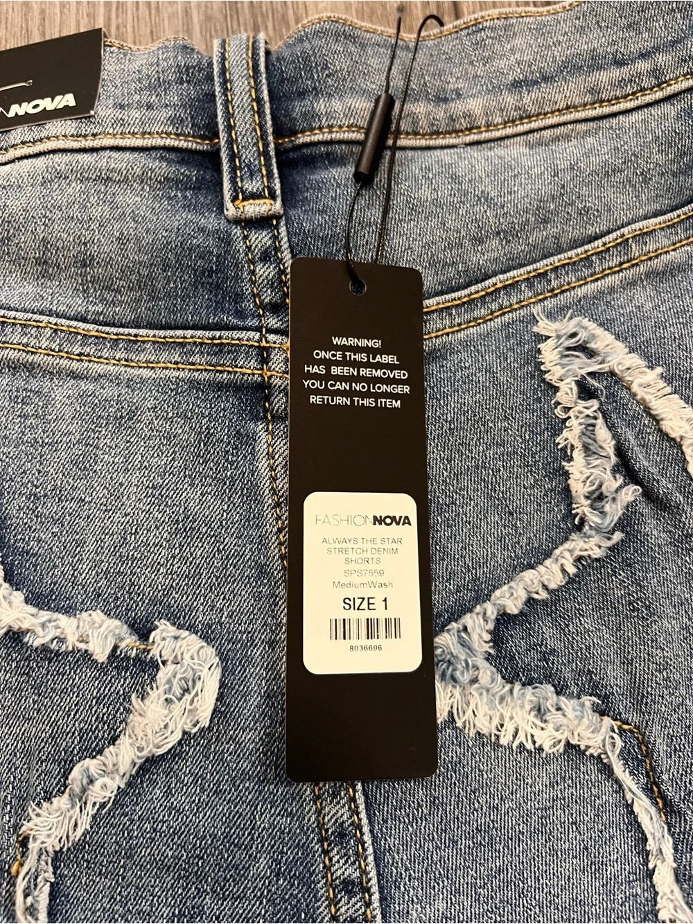 NWT-Fashion Nova Women's Blue Denim Star Patch Frayed Hem Shorts